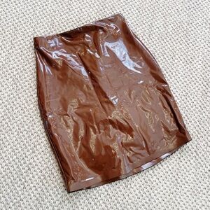 COMMANDO Stretch glossed mini skirt S Brown Patent Vegan Leather - w/ shorts